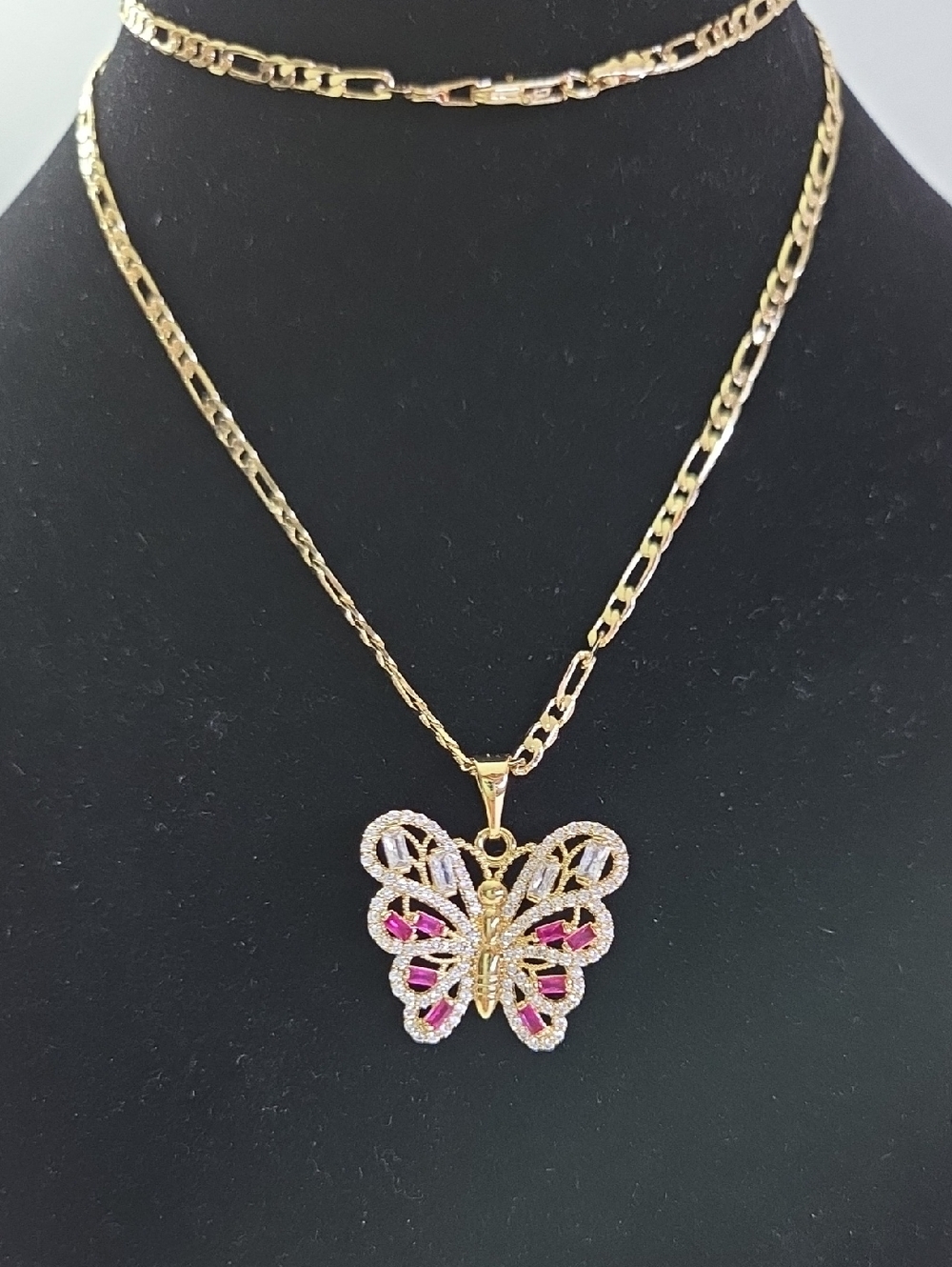 Gold Butterfly Pendant Necklace with Pink Accents